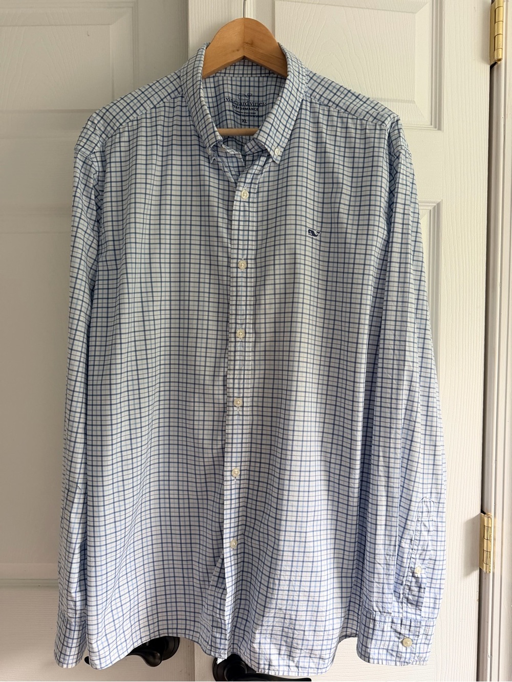 Vineyard Vines Performance Whale Shirt Men’s XL Blue Plaid Classic Fit Stretch